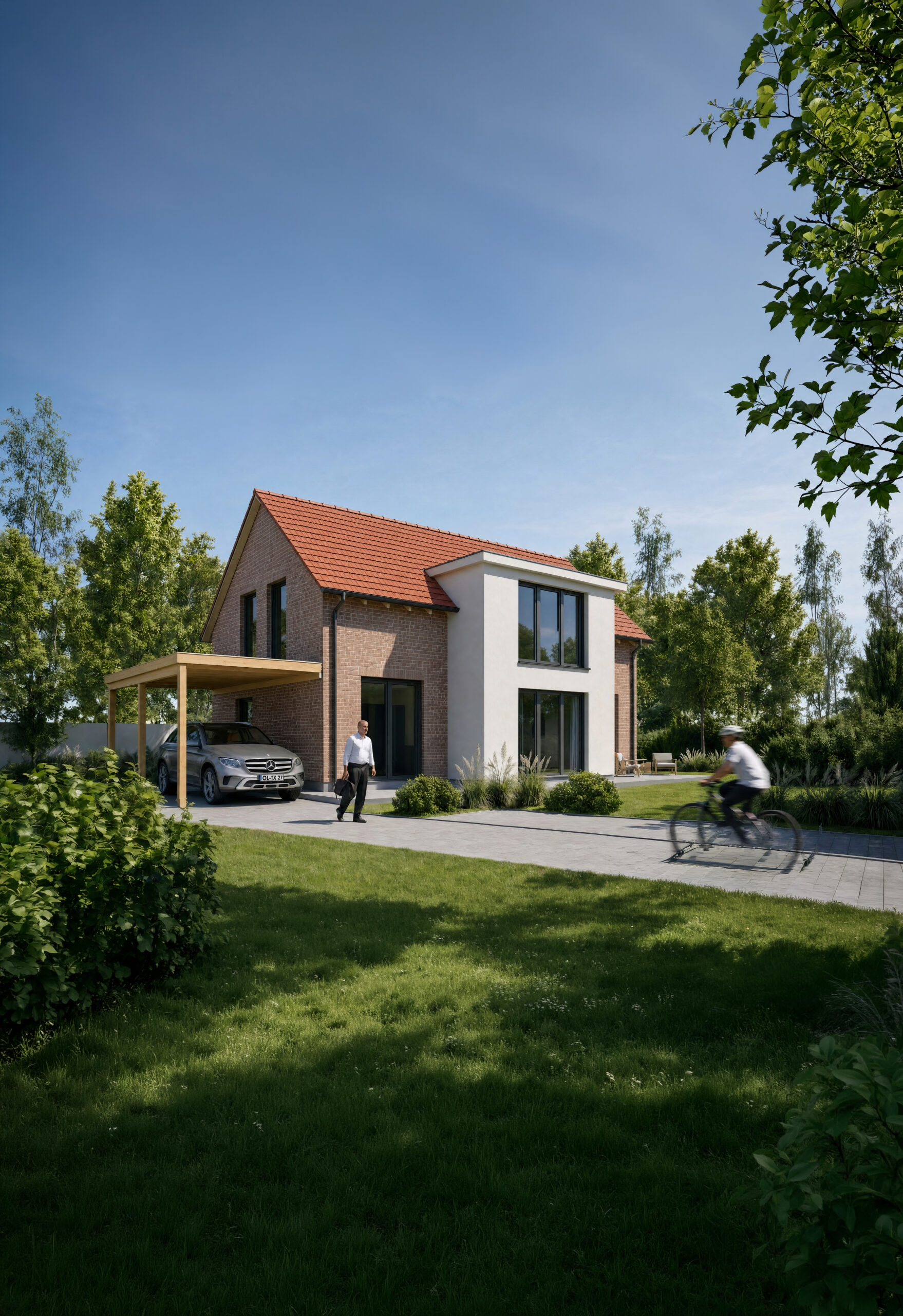 LUMEN Variante 1, Grundmodell: Einfamilienhaus mit Klinkerfassade, weißem Aufbau und Carport (Visualisierung)