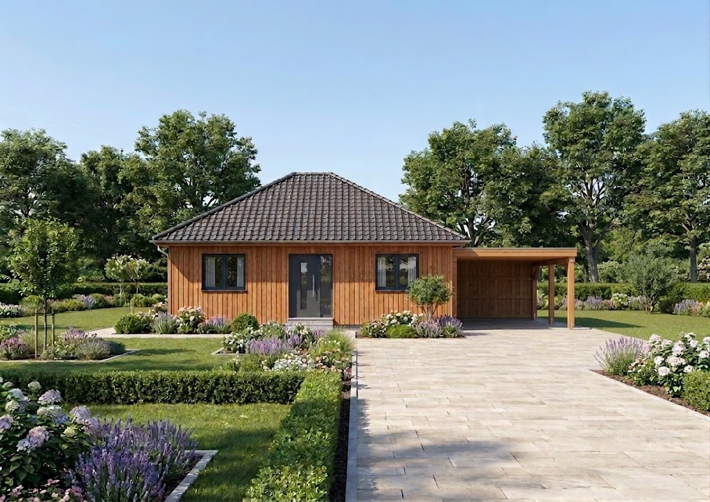 Bungalow LAGOM mit Holzfassade, Walmdach und Carport: Eingangsseite (Visualisierung)