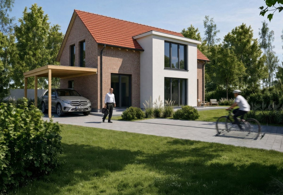 Modellhaus LUMEN: Einfamilienhaus mit Satteldach, Klinker- und Putzfassade und Carport